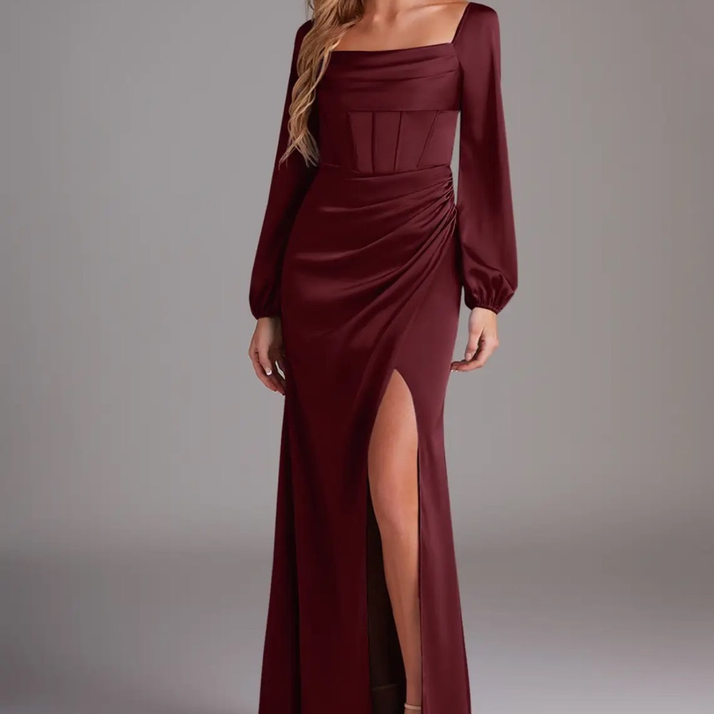 Azazie Long Sleeve Burgundy Satin Evening Gown - Picture 4 of 4